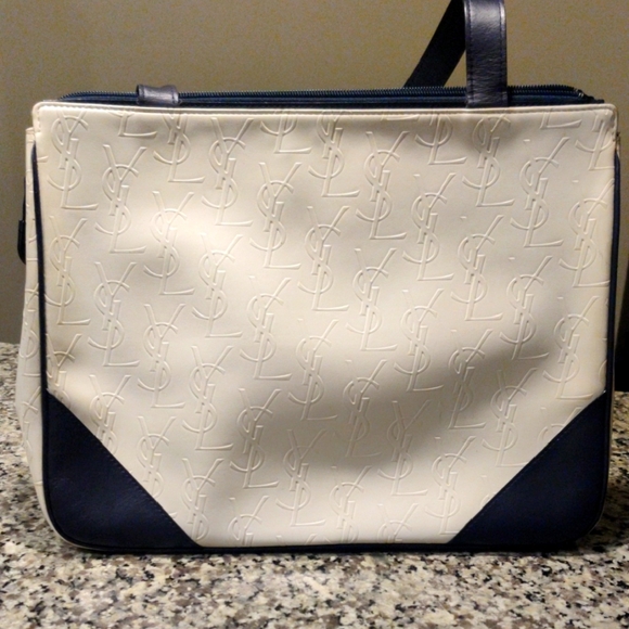 Yves Saint Laurent Handbags - Yves Saint Laurent YSL White and Navy Shoulder Tote with Logo Design